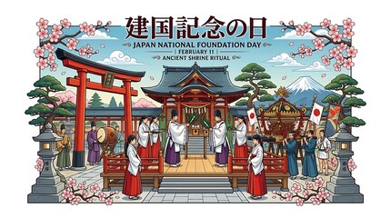 Japan National Foundation Day Ancient Shrine Ritual Illustration