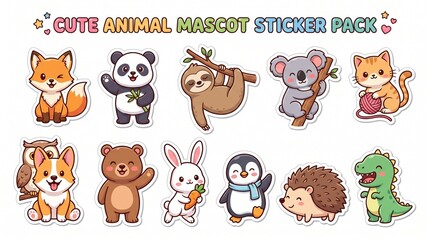 Fototapeta premium A collection of adorable cartoon animal mascot stickers featuring various species in playful poses.