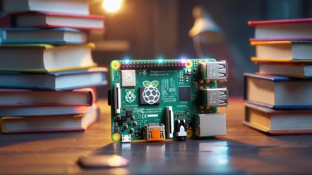 Small computer board sits on a wooden desk, flanked by stacks of books under warm lighting