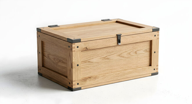 Modern Minimalist Wooden Chest with Metal Accents on White Background