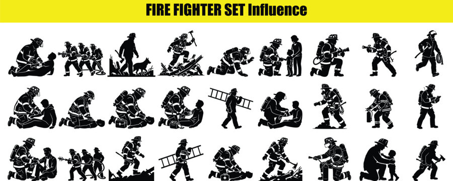 Fire fighter silhouettes in dynamic poses a black vector illustration against a yellow background firefighter firefighters fireman firemen rescue rescuer