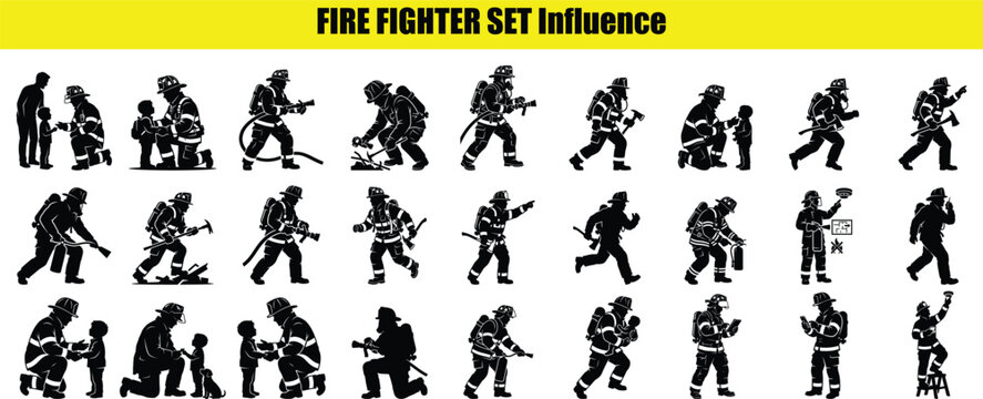 Fire fighter silhouettes depict various poses and actions rendered as a black shape set against a yellow background firefighter firemen