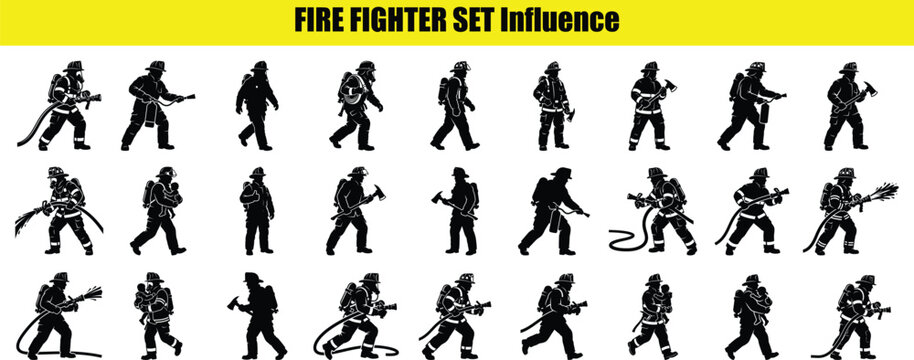Fire fighter silhouettes in various action poses a black shape set against a white background firefighter firefighters fireman firemen rescue