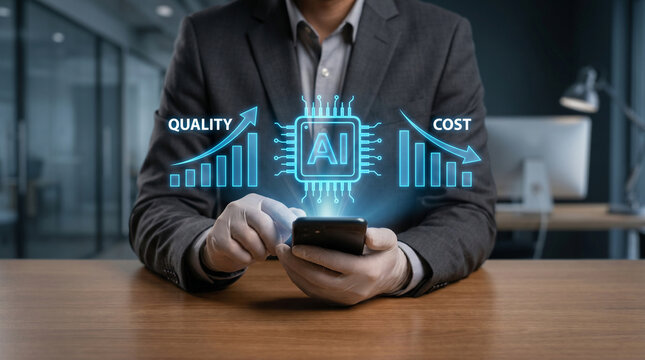 Professional businessman using a smartphone displaying glowing artificial intelligence icons for business growth and cost optimization