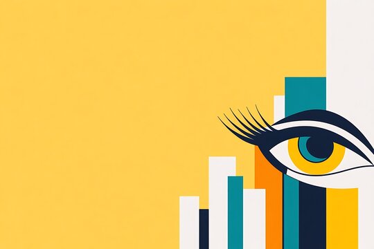 A creative eye gazing over modern bar charts and abstract geometric shapes