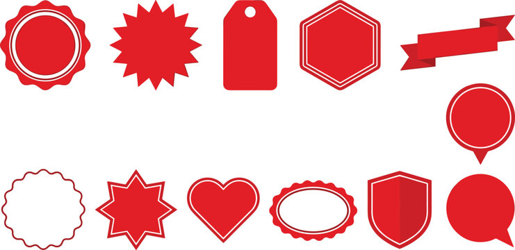 Red blank price tag sticker template collection featuring various circle ribbon heart shield starburst and speech bubble label designs