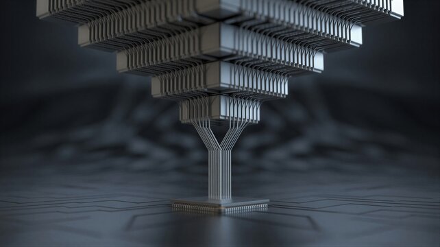 Futuristic layered processor tower symbolizing accelerating machine intelligence and recursive self improvement leading to an intelligence explosion.