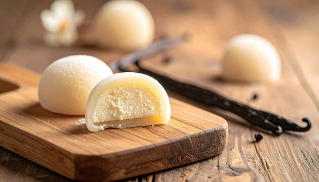 Vanilla mochi ice cream on a small wooden serving board with sliced filling and vanilla beans