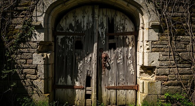 Weathered wooden double doors on an old stone building with ivy and natural light