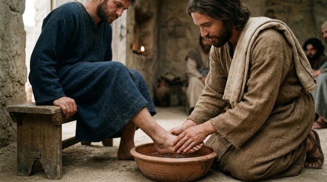 Jesus washing the feet of his disciple, Peter, in a biblical scene depicting humility and servitude