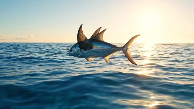 A flying fish leaps from the ocean's surface, gliding on its wing-like pectoral fins during a golden sunrise.