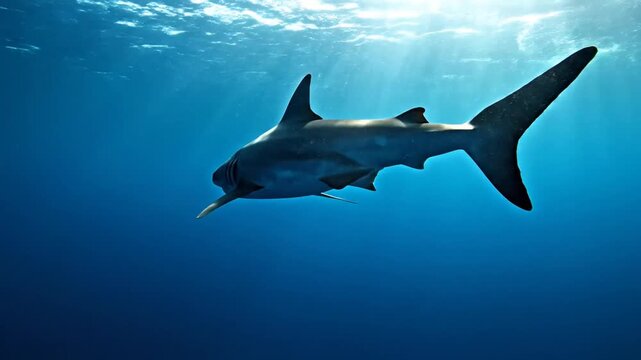 A Great White Shark Gliding Powerfully Through Sunlit Open Blue Ocean Waters