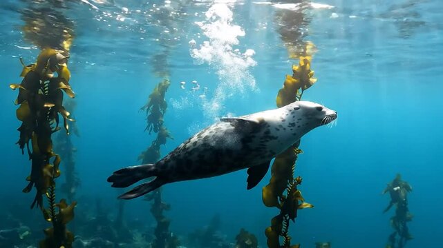 A Harbor Seal Gracefully Gliding and Spinning Underwater Among Kelp Forests Releasing Bubbles