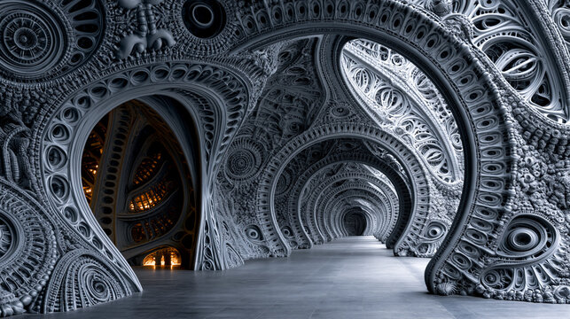crazy biomechanical wall design in futuristic corridor, futuristic biomechanical corridor with surreal mechanical walls, scifi biomechanical interior tunnel with organic walls