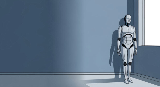 A humanoid robot stands in a minimalist room with blue-grey walls, casting a shadow near a window.