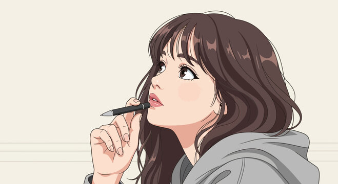 Thoughtful Woman Holding Pen Near Face Illustration