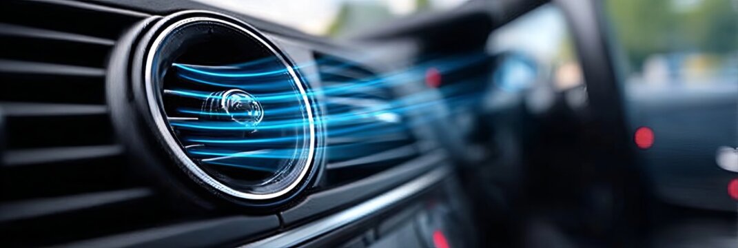 Close-Up of a Modern Car Air Conditioning Vent Panel with Cool Flowing Blue Air Currents Inside