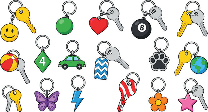 Keychain and key ring vector collection featuring various keychains with smiley face heart car 8-ball paw print butterfly and star charms isolated on white background