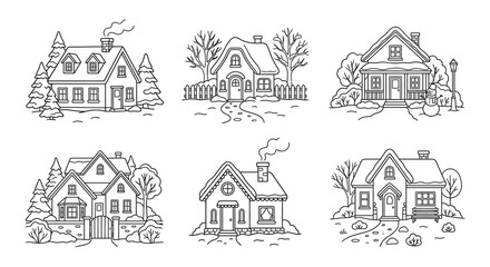 Fototapeta premium Line art houses and trees vector illustration winter scenery collection