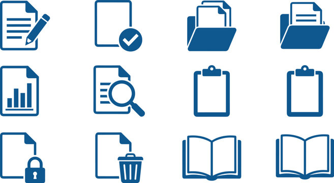 Blue document management vector icon set featuring folder clipboard report graph open book search and file security symbols