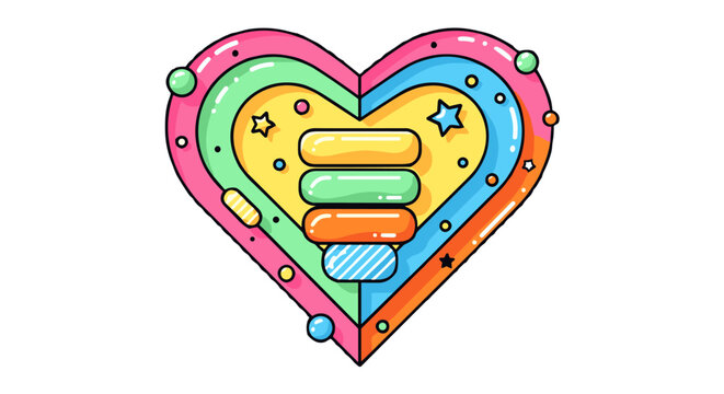 Colorful Kawaii Style Multi Layered Heart with Stars and Sparkles