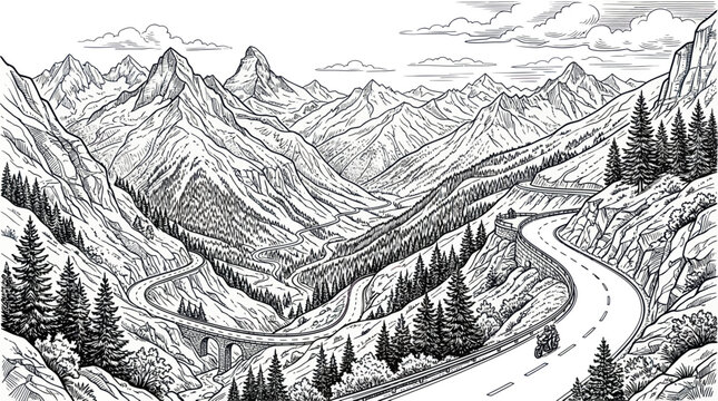 Winding mountain pass road through scenic alpine peaks