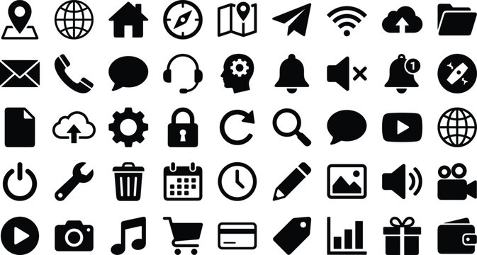 Web and mobile user interface solid black icon mega set containing navigation communication multimedia e-commerce and utility symbols vector