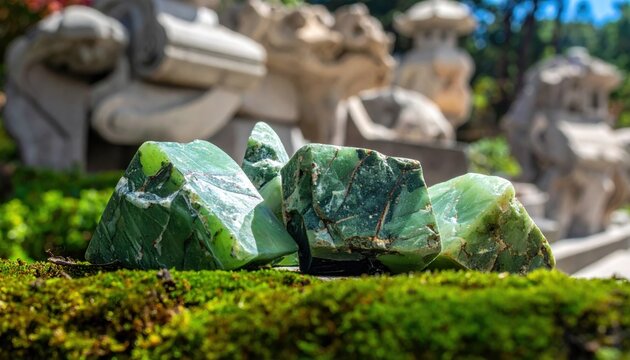 Rough Unpolished Jadeite Pieces in Various Shades of Green with Garden and Sculpture Background