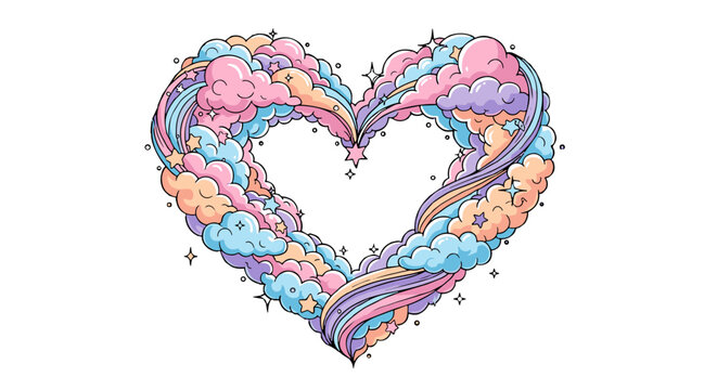 Colorful Pastel Cloud Heart with Rainbows and Twinkling Stars