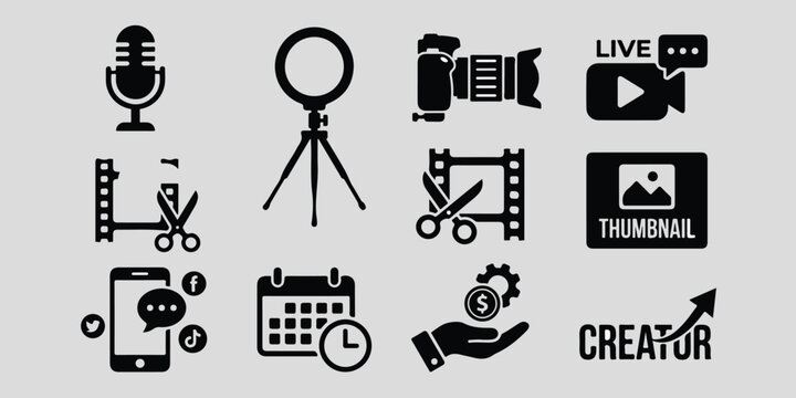 Black icons for creators and social media content production tools