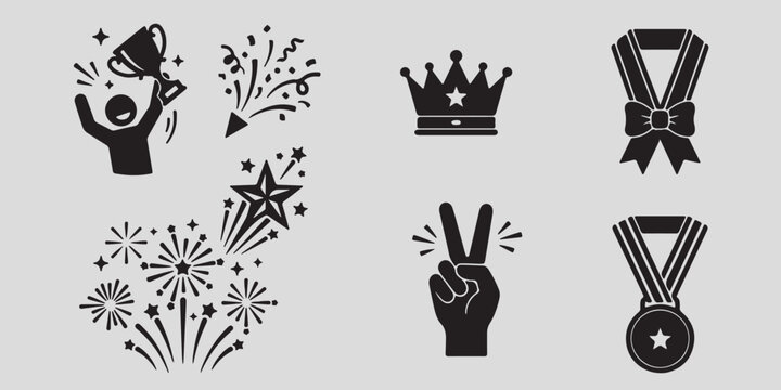 Black icons of awards and celebrations on gray background