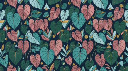 Tropical Leaves Pattern, Pink and Teal Foliage, Dark Blue Background © galerymaregi
