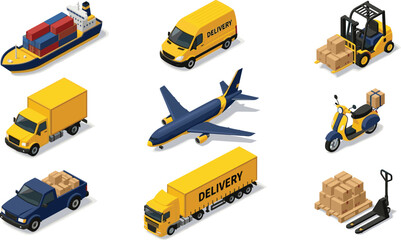 Isometric global logistics and freight delivery vector icon set featuring cargo ship airplane transport trucks forklift scooter and pallet jack isolated on white background © MeheDi