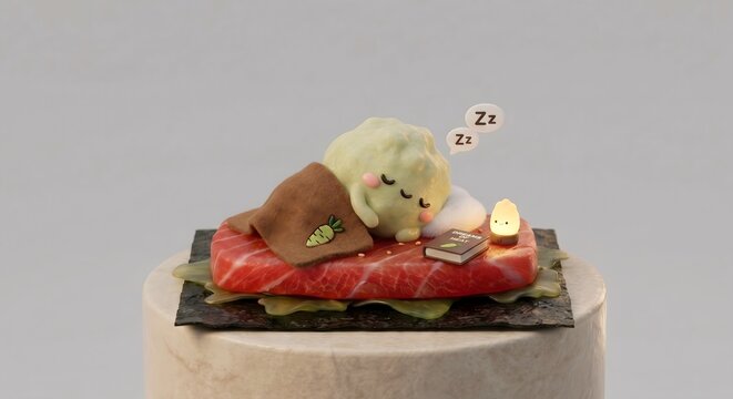 Adorable 3D Illustration of Little Wasabi Character Sleeping under Blanket on Tuna Sush