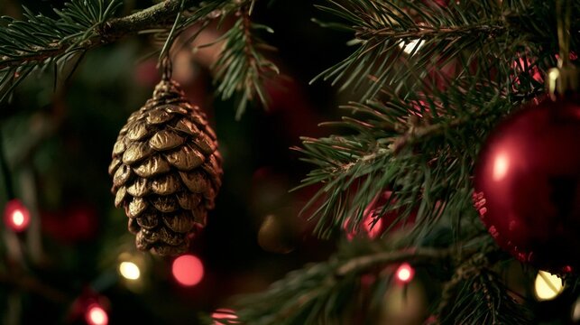 Golden Pinecone Ornament on a Christmas Tree