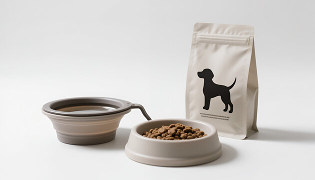 Dog food bowl and bag with kibble on white background  