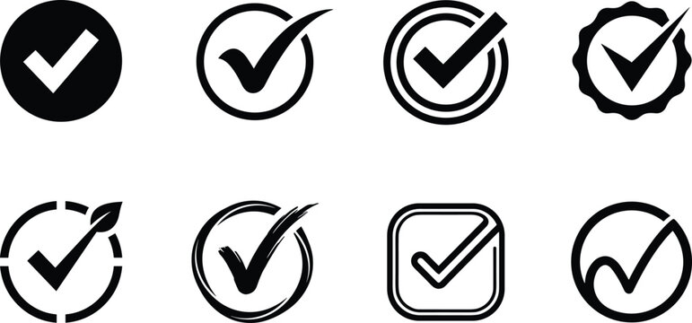 Black check mark icon set with diverse circle square and brush stroke tick symbols for quality approval website interface design