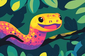 Fototapeta premium Vibrant chameleon resting amidst lush green foliage in a tropical setting.