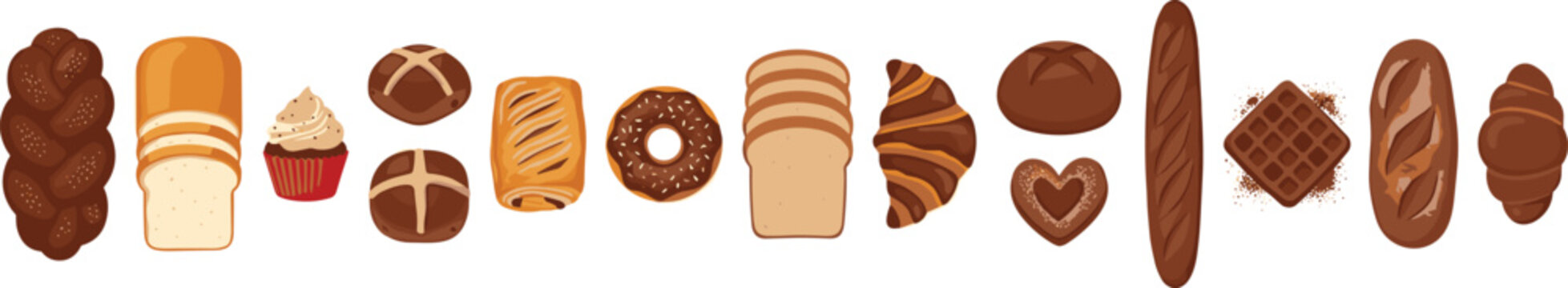 Bakery products vector collection featuring sliced bread challah baguette croissant donut cupcake pretzel and sweet buns isolated on white background