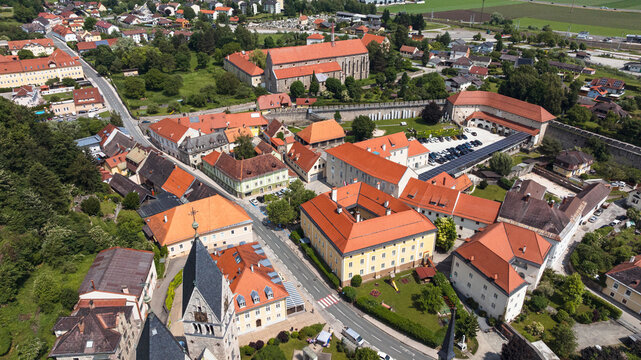 Historic Friesach viewed from drone in summer time