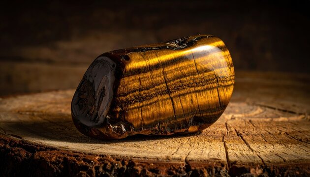Rough unpolished tiger's eye gemstone specimen with characteristic chatoyant banding on rustic wood surface
