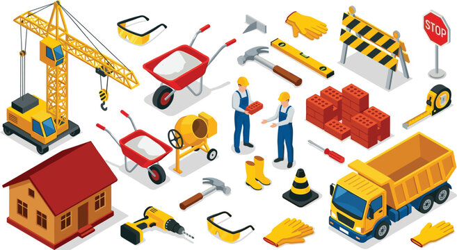 Isometric construction site vector icon set featuring tower crane dump truck cement mixer builders hand tools and building materials isolated on white background