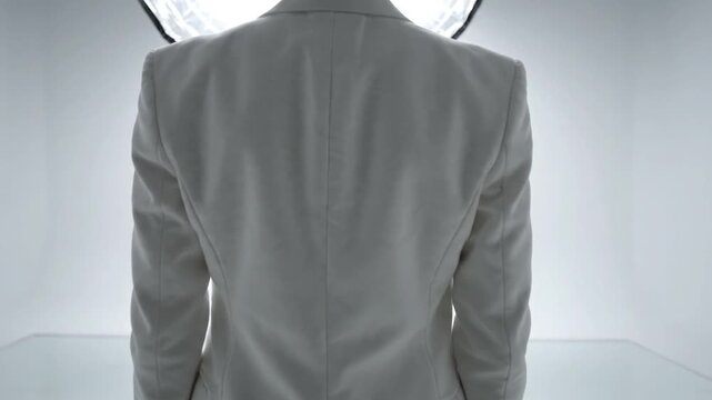 Unrecognizable person from behind in a white suit standing in bright studio light