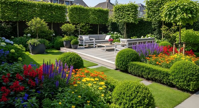 Modern patio garden with outdoor furniture and colorful flower beds on a sunny summer day. garten im sommer