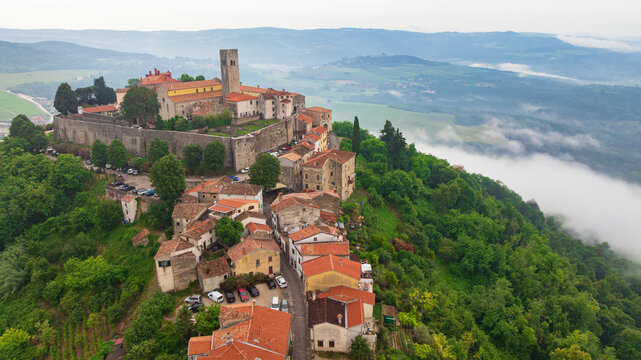 Motovun Medieval Hilltop Fortress Town Aerial View Istria
