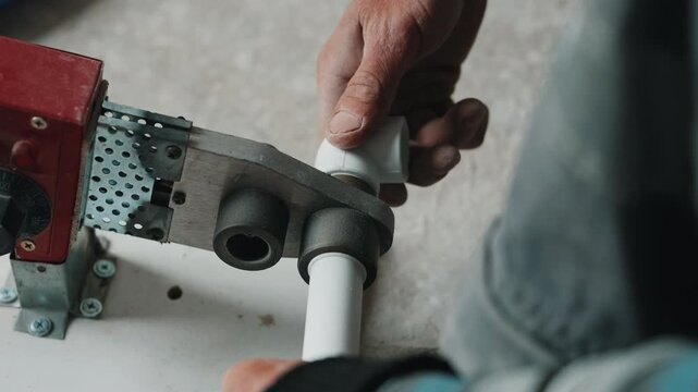 Heating polypropylene pipe and fitting for fusion welding installation