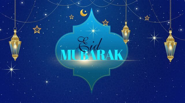 Elegant Ramadan Kareem greeting card design, Eid Mubarak with 3D gold lanterns and glowing stars