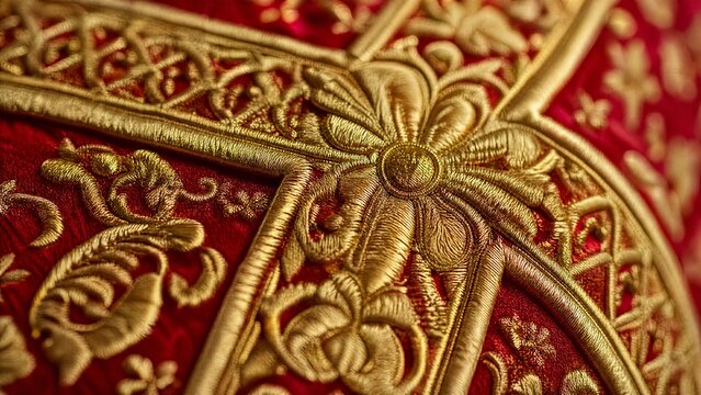 Extreme close-up of intricate gold thread embroidery on rich red fabric.