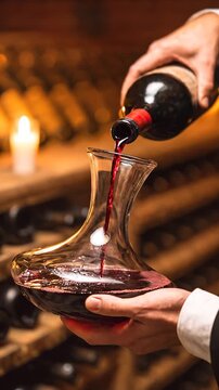 Closeup sommelier hands carefully decants rich red wine inside a dim, atmospheric wine cellar. Deep crimson beverage flows from a dusty bottle into a glass decanter, illuminated by a soft candle glow