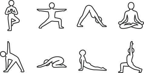 Fototapeta premium Collection of various yoga poses in simple line art style